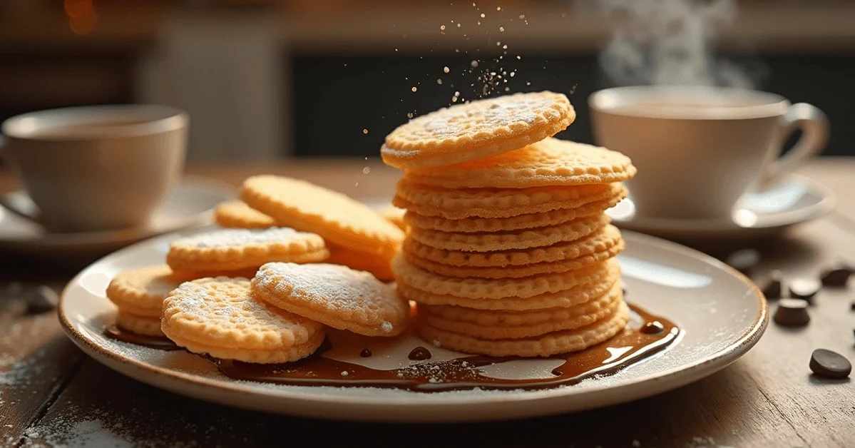 Plate of delicious wafer cookies with melted chocolate and caramel drizzle, served with a cup of coffee