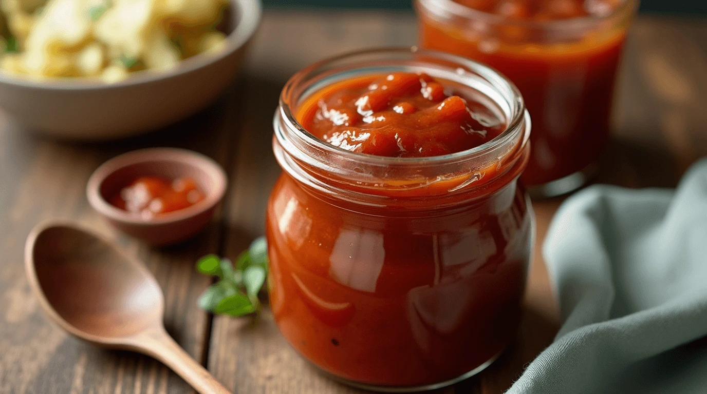 Homemade gluten free BBQ sauce simmering in a saucepan on the stovetop
