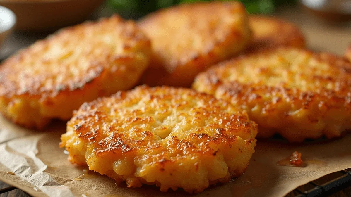 Golden, crispy hash brown patties fresh out of the air fryer, served on a white plate with steam rising, placed on a rustic wooden table. An air fryer is visible in the background on a kitchen counter.