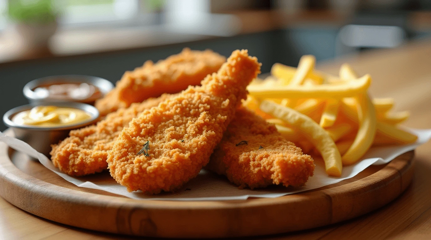 Crispy chicken tenders with golden fries and dipping sauces served on a wooden platter in a cozy kitchen.