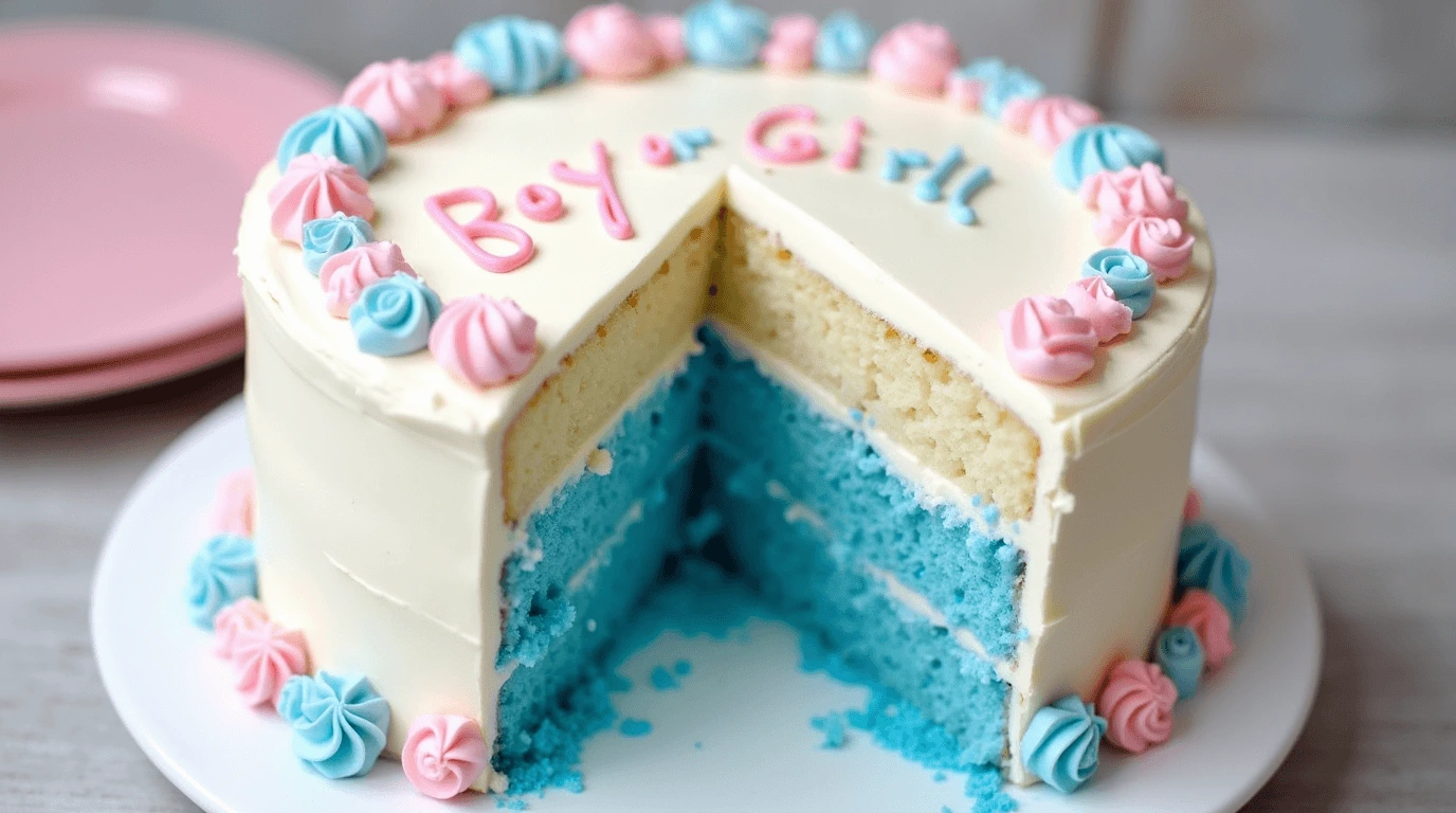 A gender reveal cake with white frosting, pink and blue decorations, and the text 'Boy or Girl?' on top, sliced to reveal a colorful interior.