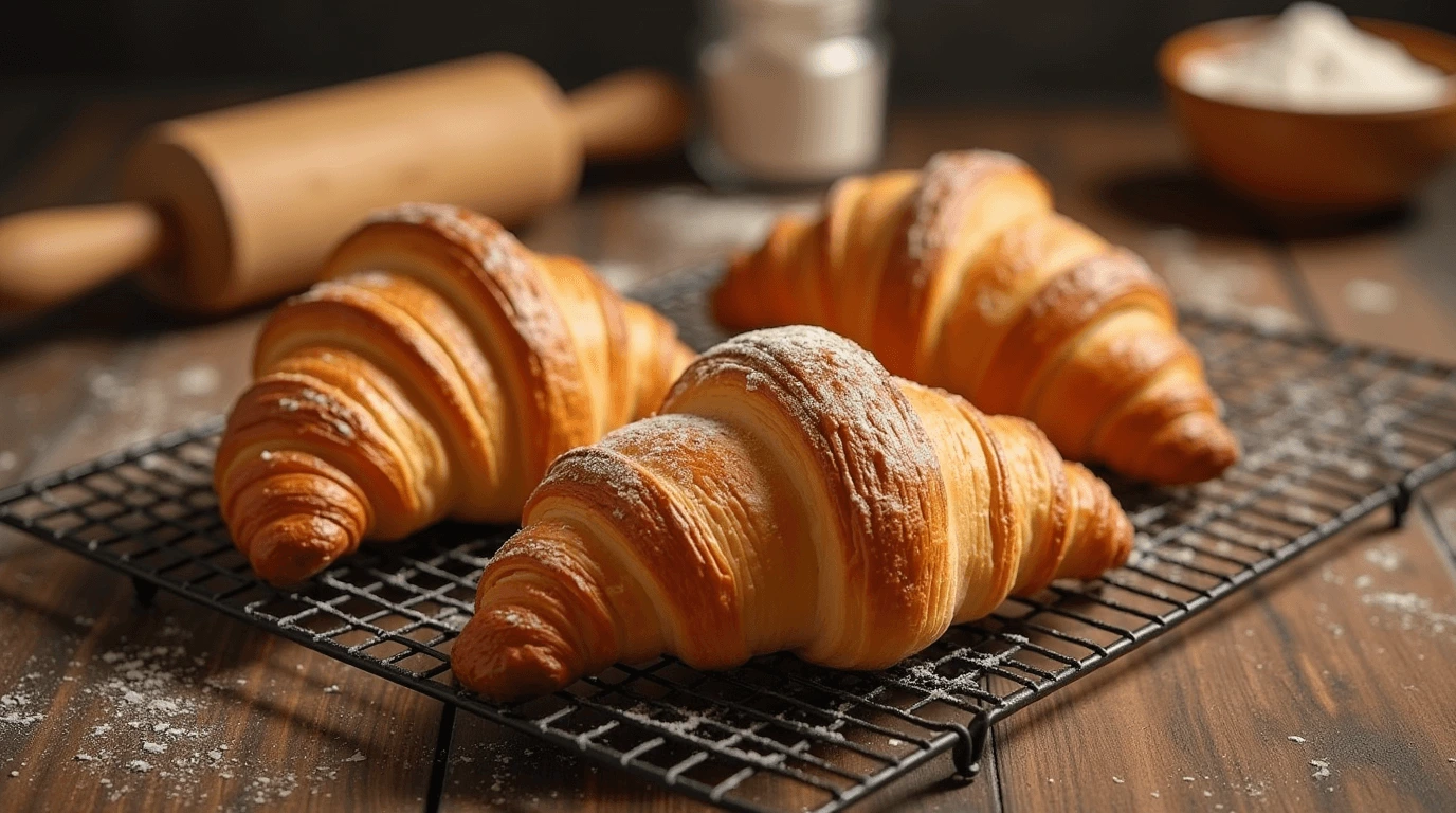 Golden, flaky Gipfeli Swiss croissants served on a plate for a delightful breakfast.