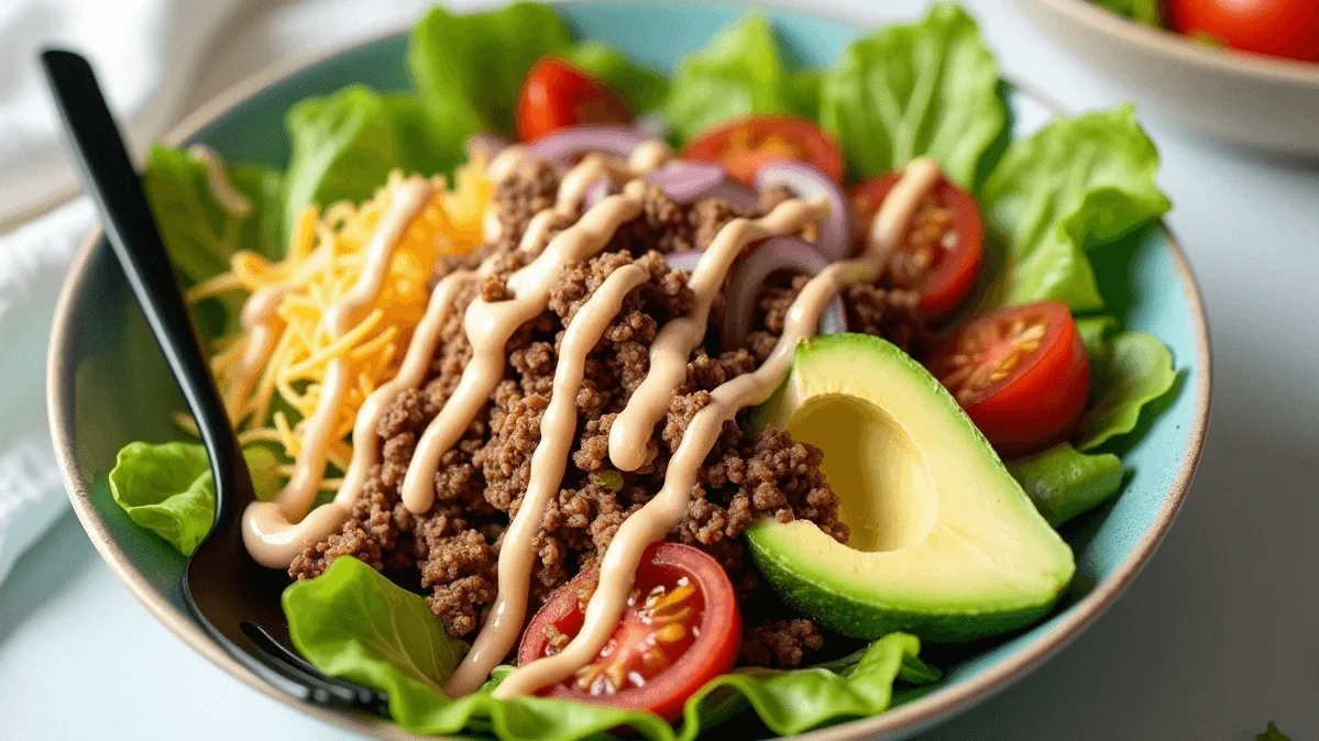 Delicious burger bowl with ground beef, fresh vegetables, and avocado.