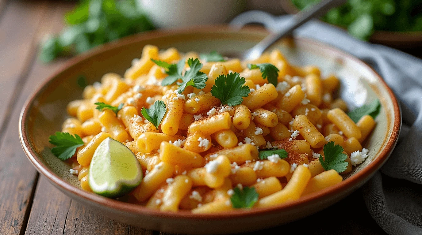 A bowl of creamy Elote Pasta Salad garnished with fresh cilantro, crumbled cotija cheese, and a wedge of lime.