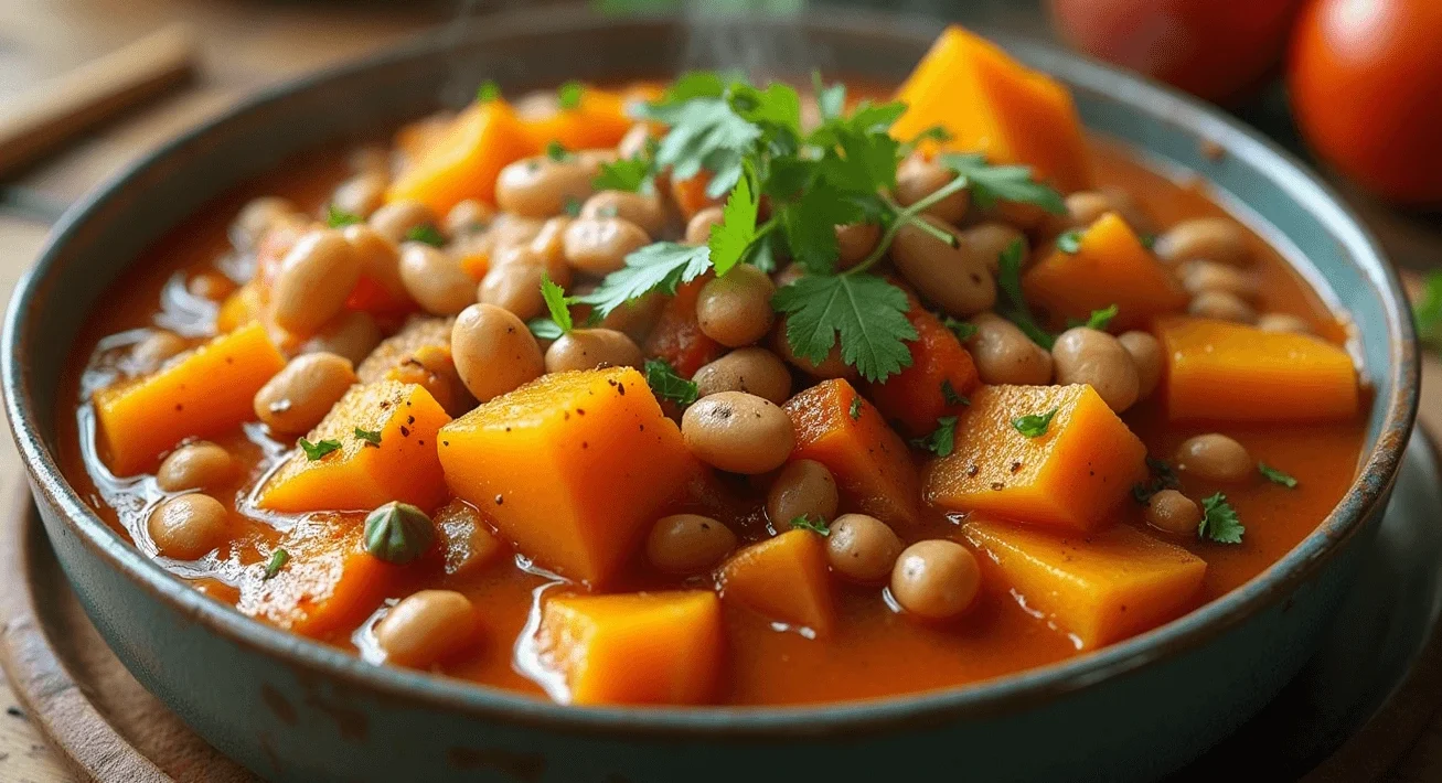 "A warm bowl of squash and kidney beans, garnished with cilantro, showcasing golden squash cubes and tender beans with vibrant spices