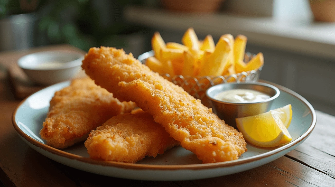A plate of crispy gluten free fish and chips with a flaky fish fillet, golden fries, tartar sauce, and a lemon wedge.