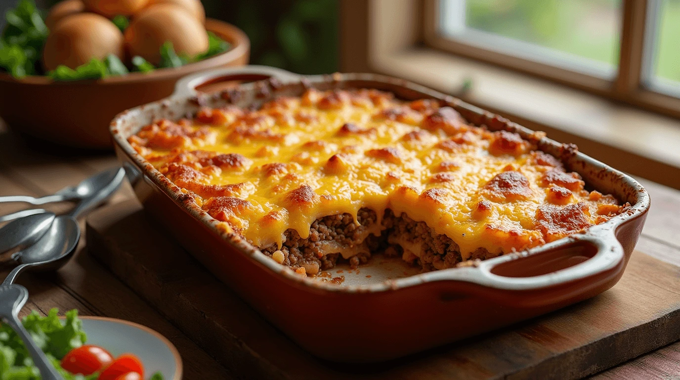 A close-up view of a golden-brown Cattle Drive Casserole, with layers of ground beef, melted cheese, and vegetables.