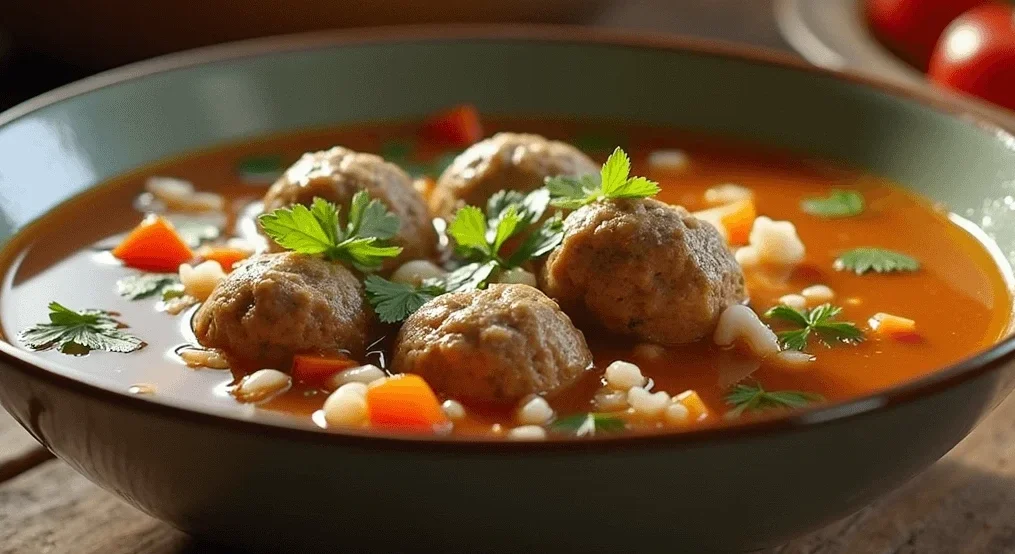 A hearty bowl of porcupine soup with meatballs, rice, and vegetables in a rich broth.