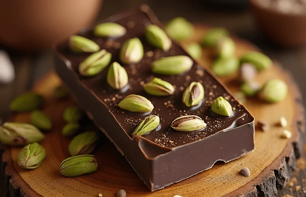 A glossy homemade pistachio chocolate bar with whole and chopped pistachios on top, displayed on a wooden board surrounded by pistachios and chocolate pieces.
