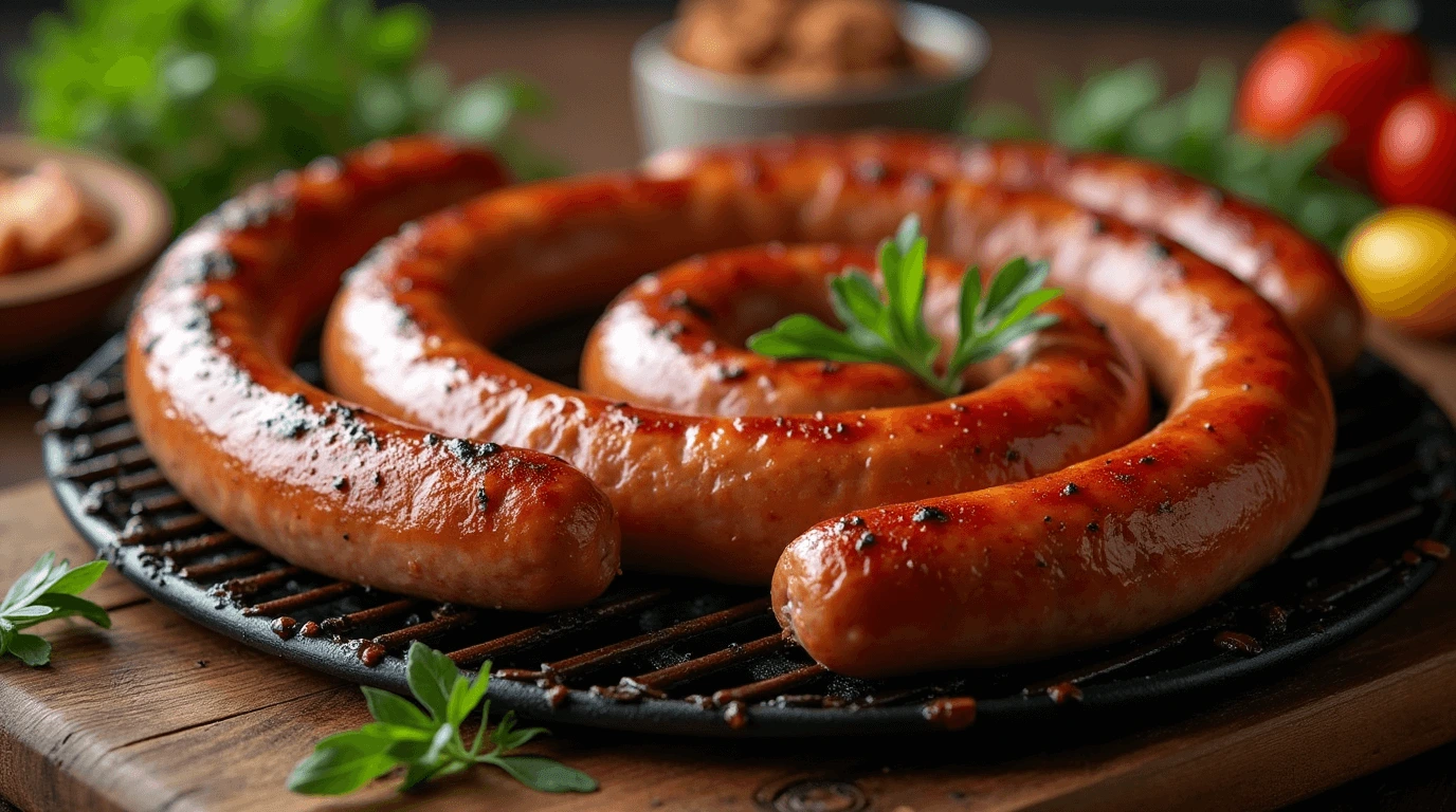 Homemade beef sausages sizzling on a grill, showcasing a golden-brown and juicy texture.