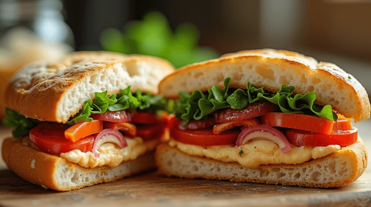 A delicious Knob Sandwich made with fresh ingredients, showing layers of bread, vegetables, cheese, and grilled chicken.