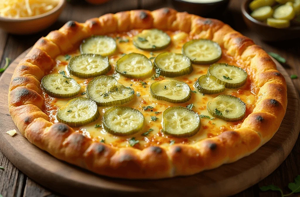 Freshly baked pickle pie pizza with a golden crust, melted cheese, and sliced pickles on a wooden table surrounded by toppings and sauces.