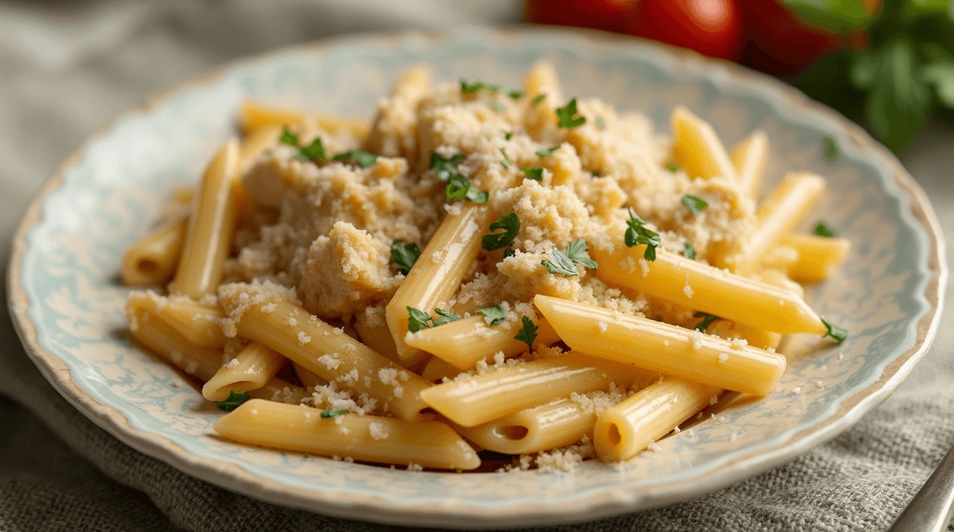 Garlic parmesan chicken pasta served with fettuccine, garnished with fresh parsley and extra parmesan.