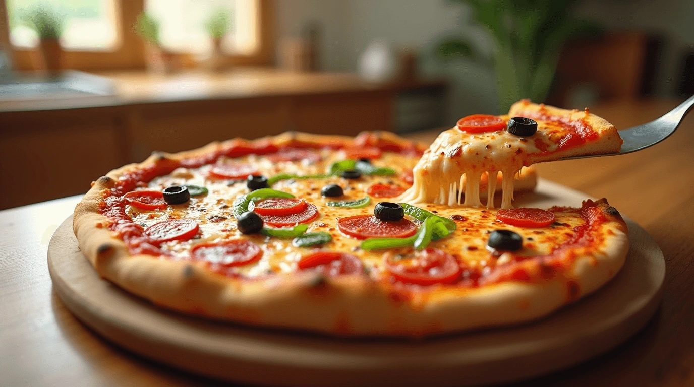 Classic school pizza with crispy crust, melted cheese, and tomato sauce.