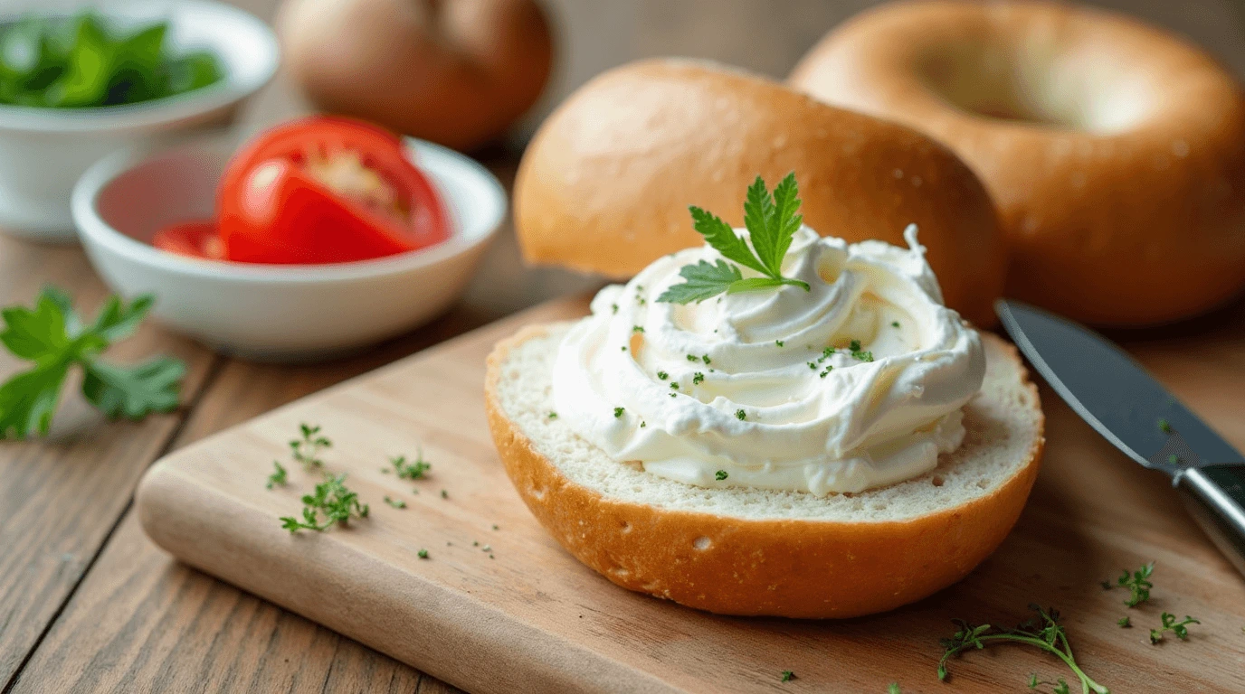 Toasted bagel with a thick layer of cream cheese, perfect for a blissful morning breakfast.