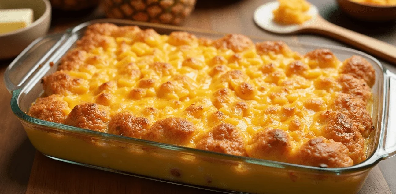 Freshly baked pineapple casserole recipe with a golden-brown, crispy cracker topping, bubbling cheese, and pineapple mixture.