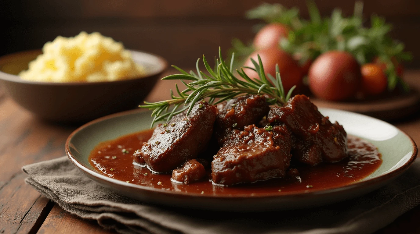 Tender, slow-cooked beef cheek meat served with mashed potatoes and garnished with fresh herbs.