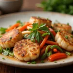 Fishcakes and scallops stir fry recipe with colorful vegetables.