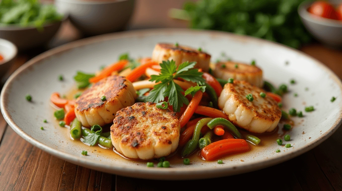 Fishcakes and scallops stir fry recipe with colorful vegetables.