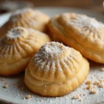 madeleine cookies recipe using cream –A plate of freshly baked Madeleine cookies with a golden-brown crust and a soft, fluffy interior, next to a small bowl of cream.