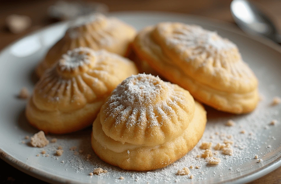 madeleine cookies recipe using cream –A plate of freshly baked Madeleine cookies with a golden-brown crust and a soft, fluffy interior, next to a small bowl of cream.