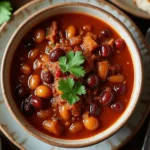 Bowl of turkey cranberry chili Recipe with cranberries, turkey chunks, and vegetables.