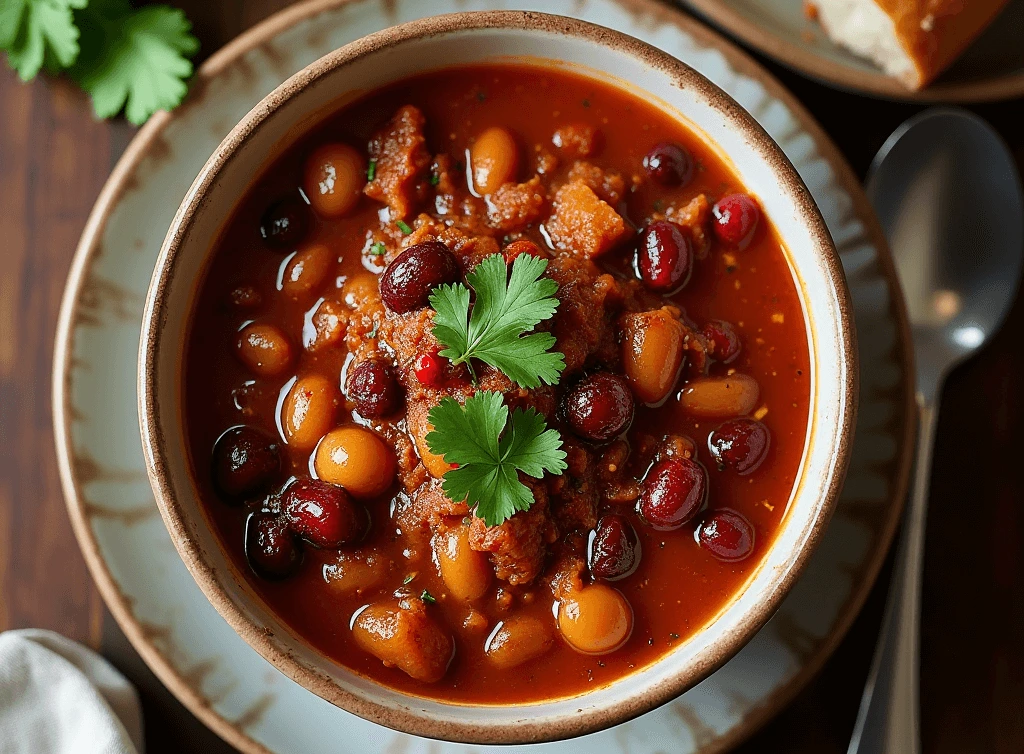 Bowl of turkey cranberry chili Recipe with cranberries, turkey chunks, and vegetables.