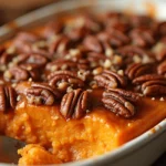 Sweet potato casserole with frozen orange juice and pecans, baked to golden perfection.