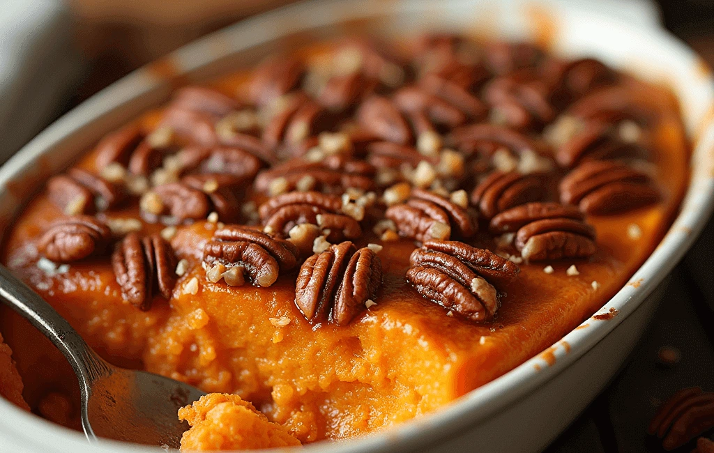 Sweet potato casserole with frozen orange juice and pecans, baked to golden perfection.