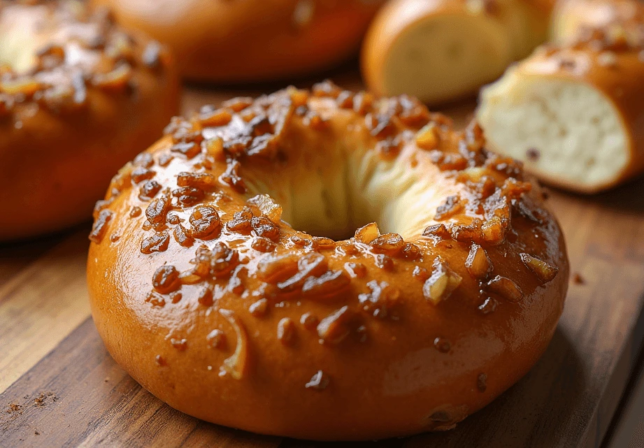 A freshly baked onion bagel with a golden, crispy crust and savory onion topping, served on a wooden board with cream cheese on the side.