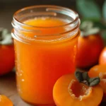 A jar of homemade persimmon jelly recipe with fresh persimmons and a spoonful of jelly on a wooden surface.