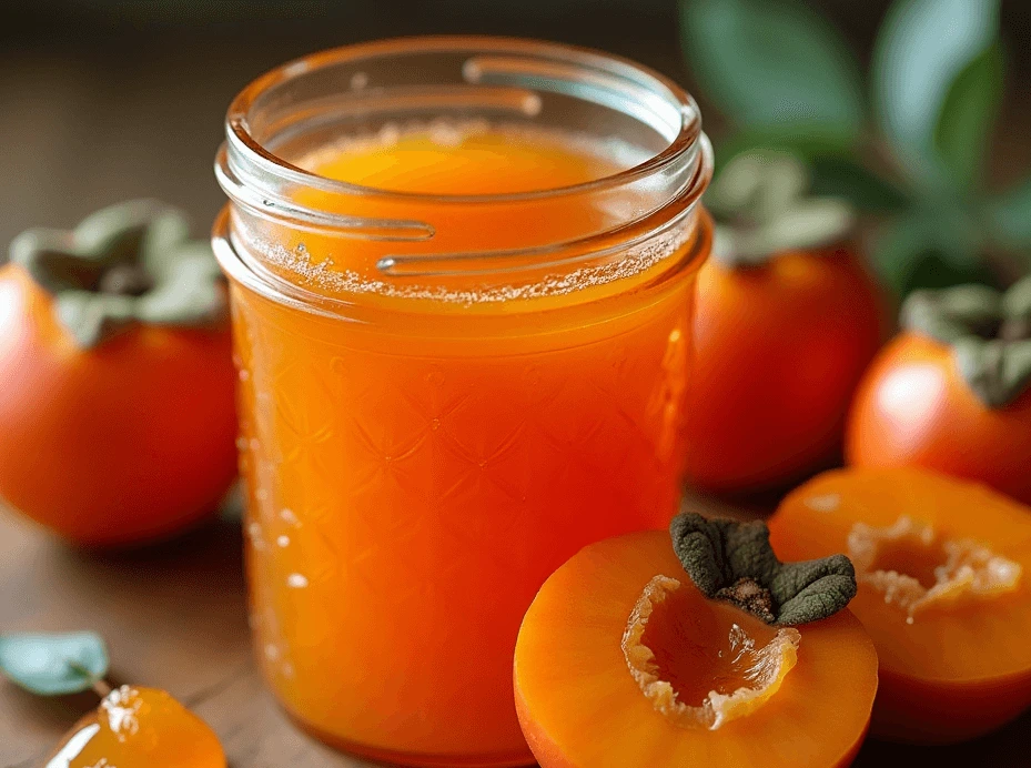 A jar of homemade persimmon jelly recipe with fresh persimmons and a spoonful of jelly on a wooden surface.