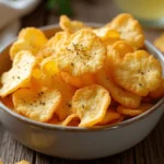 A bowl of crispy, golden cottage cheese chips on a rustic wooden table, garnished with fresh herbs and a sprinkle of seasoning.