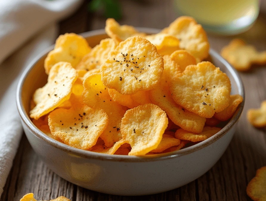 A bowl of crispy, golden cottage cheese chips on a rustic wooden table, garnished with fresh herbs and a sprinkle of seasoning.
