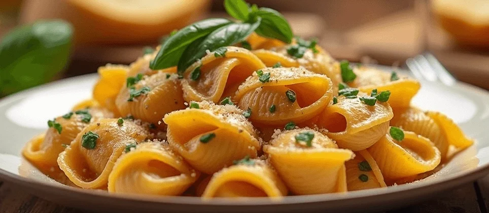 A close-up of cooked Lumache pasta with a rich tomato sauce, garnished with fresh basil and grated Parmesan cheese.