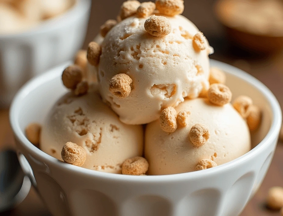 Bowl of homemade Cinnamon Toast Crunch Ice Cream topped with cereal pieces.