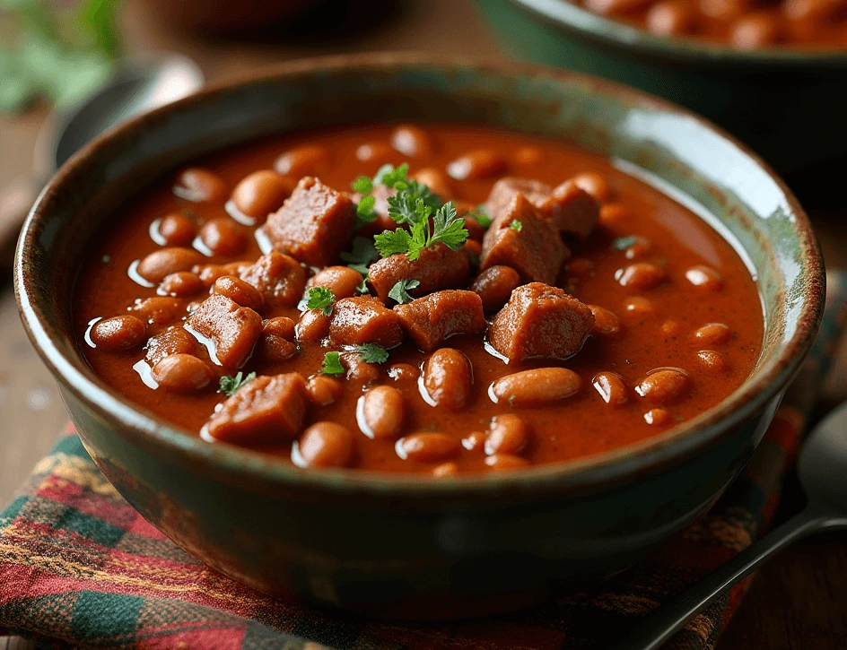 Heartwarming deer camp venison chili simmering in a pot, with chunks of venison, smoky spices, and rich ingredients.