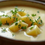 Hearty bowl of 4 ingredient potato soup, creamy and garnished with fresh herbs, served on a rustic wooden table.