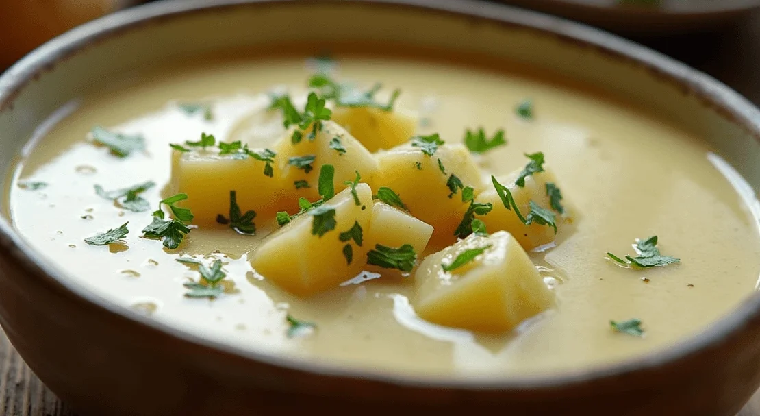 Hearty bowl of 4 ingredient potato soup, creamy and garnished with fresh herbs, served on a rustic wooden table.