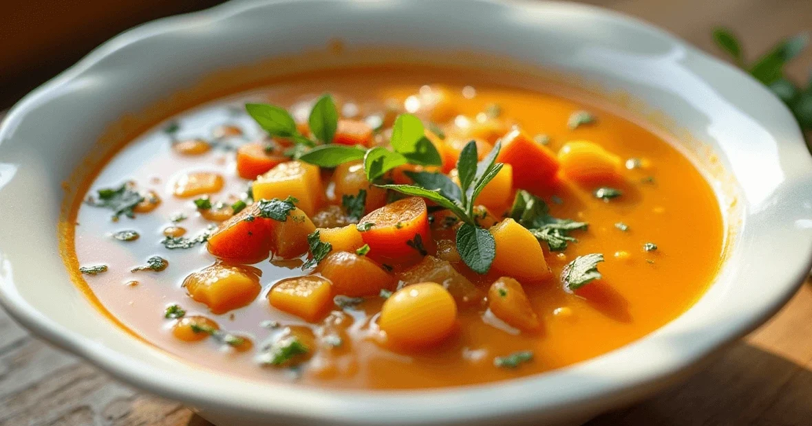 A bowl of creamy gluten free soup with vegetables, garnished with fresh herbs