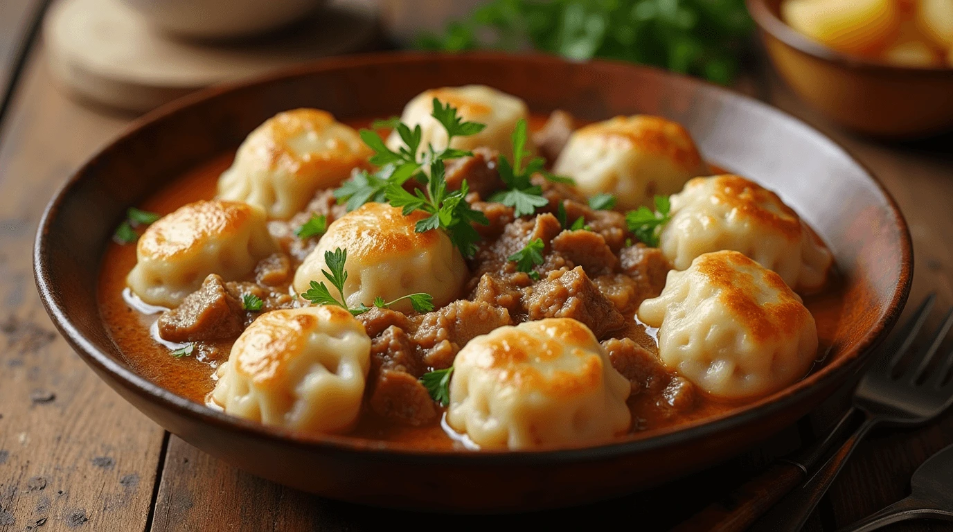 Chipped Beef Flour Dumplings Potatoes Recipe - A delicious combination of flour dumplings, tender chipped beef, and seasoned potatoes, creating a satisfying meal.