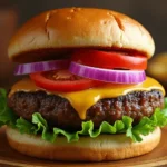 A freshly grilled elk burger Recipe with melted cheese, crisp lettuce, ripe tomato, and a toasted brioche bun, served with sweet potato fries on a rustic wooden plate.