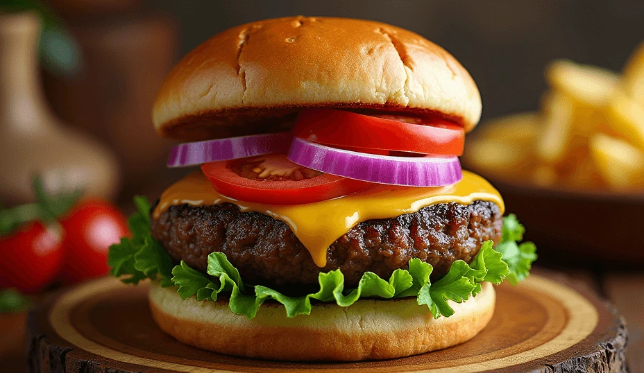 A freshly grilled elk burger Recipe with melted cheese, crisp lettuce, ripe tomato, and a toasted brioche bun, served with sweet potato fries on a rustic wooden plate.