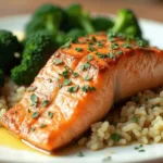Plated salmon rice pilaf with broccoli rabe, garnished with fresh parsley and a lemon wedge.