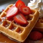 Delicious strawberry waffles topped with fresh strawberries, whipped cream, and syrup, served on a rustic wooden plate