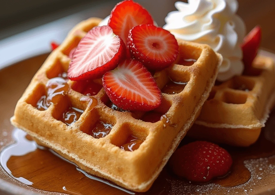 Delicious strawberry waffles topped with fresh strawberries, whipped cream, and syrup, served on a rustic wooden plate