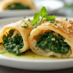 A perfectly plated halibut and spinach wrapped in filo recipe, garnished with fresh herbs and served on a white plate.