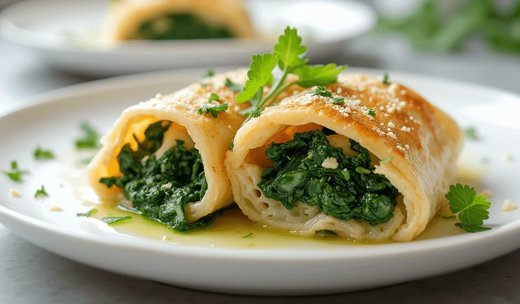 A perfectly plated halibut and spinach wrapped in filo recipe, garnished with fresh herbs and served on a white plate.