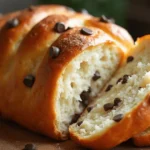 Braided Chocolate Chip Brioche Recipe – a golden, freshly baked brioche with chocolate chips, showcasing its soft texture and intricate braiding.