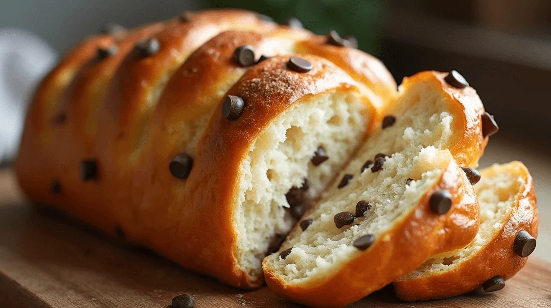 Braided Chocolate Chip Brioche Recipe – a golden, freshly baked brioche with chocolate chips, showcasing its soft texture and intricate braiding.
